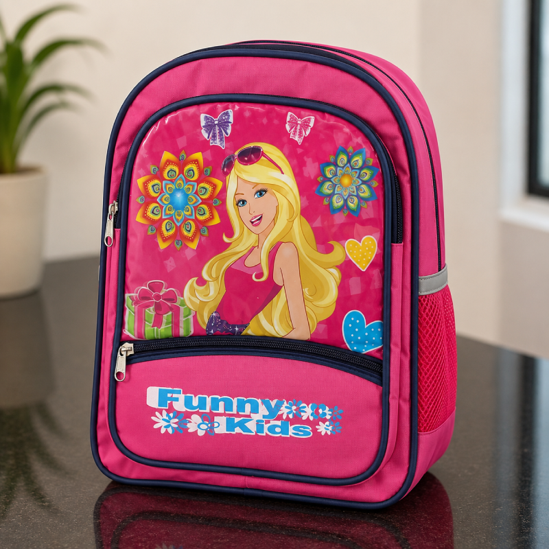Funny Kids Barbie School Backpack for Girls | Lightweight Kids School Bag with Front Zip Pocket & Side Bottle Pocket | Pink