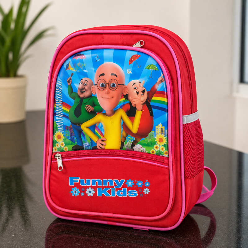 Funny Kids Cartoon School Backpack for Kids | 14 L | Lightweight School Bag with Front Pocket & Side Mesh Bottle Holder | Red