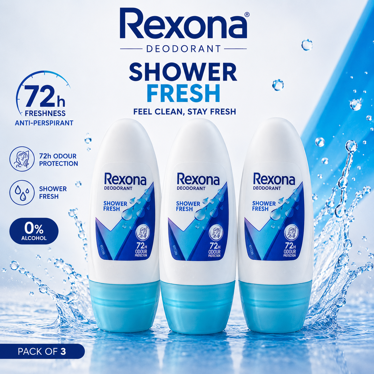 Rexona Shower Fresh Deodorant Roll-On | 72h Odour Protection | 0% Alcohol | Pack of 3