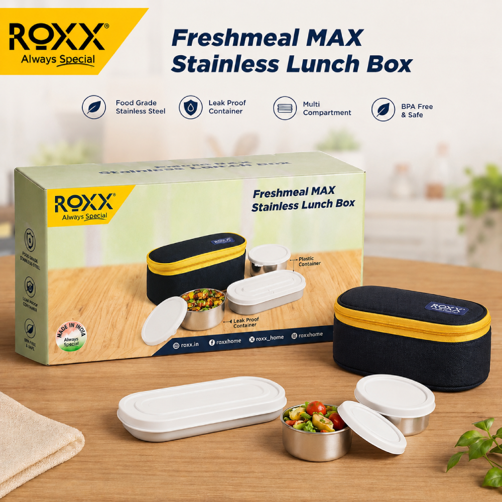 ROXX Freshmeal MAX Stainless Steel Lunch Box Set with Insulated Bag | 2 x 350ml Steel Containers + 1 x 500ml Leak-Proof Container | BPA-Free Tiffin Box for Office, School & Travel