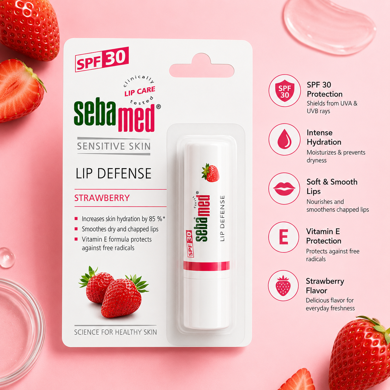 Sebamed Lip Defense Strawberry SPF 30 | Lip Balm for Dry & Chapped Lips | Vitamin E | 4.8g