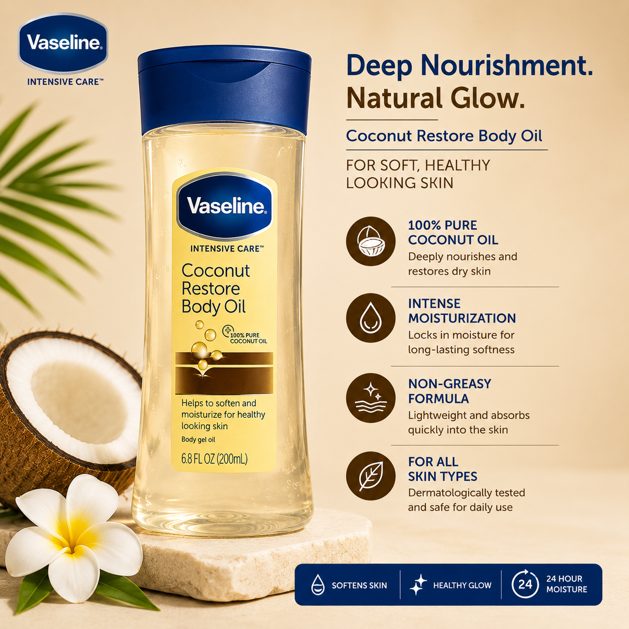 Vaseline Intensive Care Coconut Restore Body Oil | 100% Pure Coconut Oil | Moisturizing Body Gel Oil | 200ml