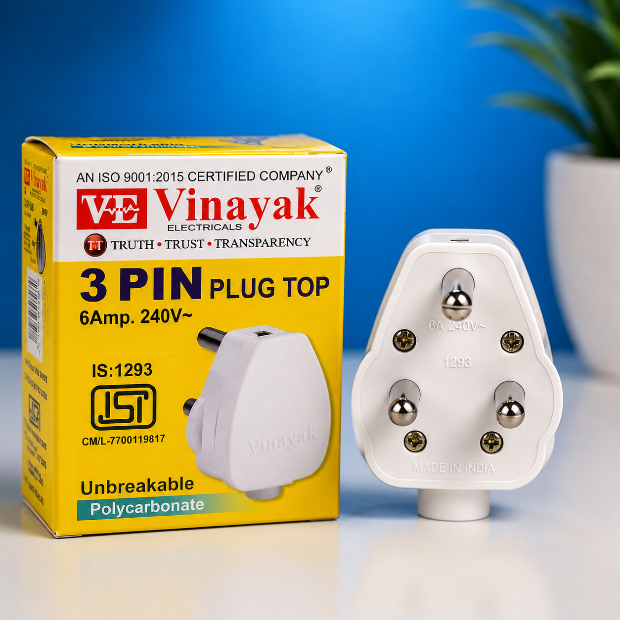 Vinayak 6A 3 Pin Plug Top | Heavy Duty Electrical Plug | Polycarbonate 240V Plug
